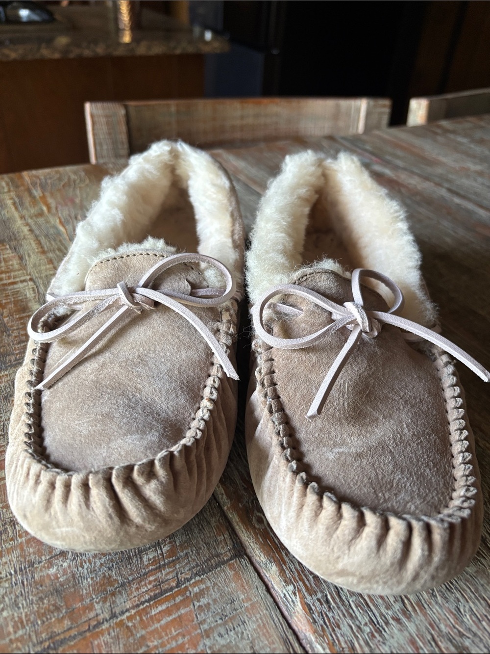 UGG Chestnut Suede Shearling Lined Moccasin Slippers - Picture 1 of 7